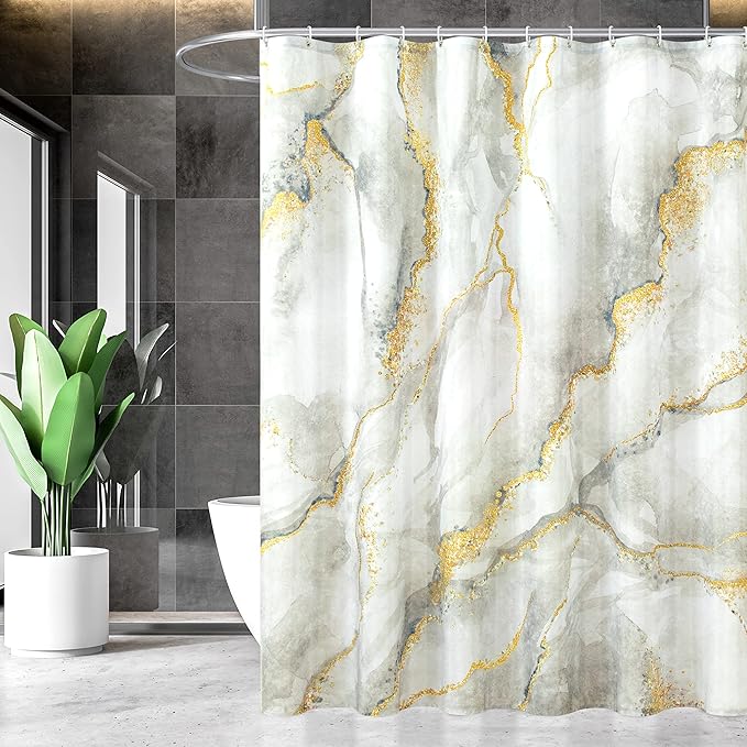 Marble Shower Curtain, Grey Marble Shower Curtain Set with 12 Hooks, Abstract Luxury Gray White Marble with Gold Veins Texture Shower Curtains for Bathroom, Waterproof Fabric, 72" W X 72" L