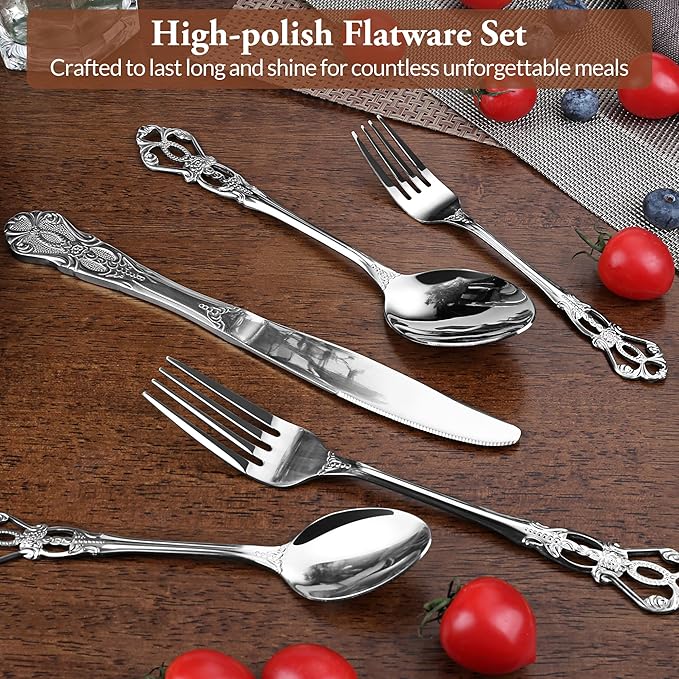 Silverware Set, 30 Pieces Retro Royal Silverware Set for 6, Anti-rust Stainless Steel Flatware Set Including Fork Spoon and Knife, Dishwasher Safe, Silver