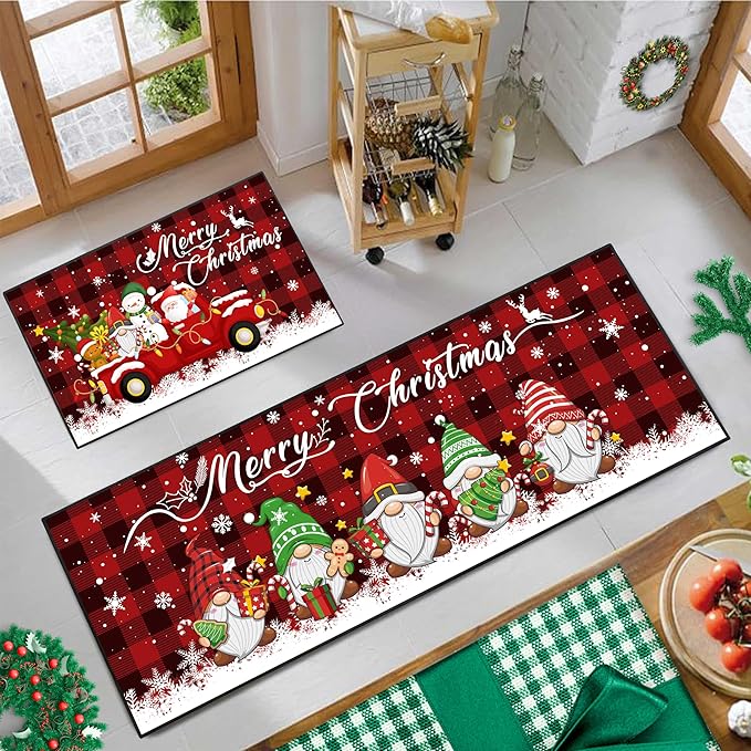 2 Piece Buffalo Plaid Christmas Gnome Themed Kitchen Rug Set, Soft and Absorbent Non-Slip Kitchen Floor Mats, Winter Merry Christmas Decor 17x30+17x47 Inches