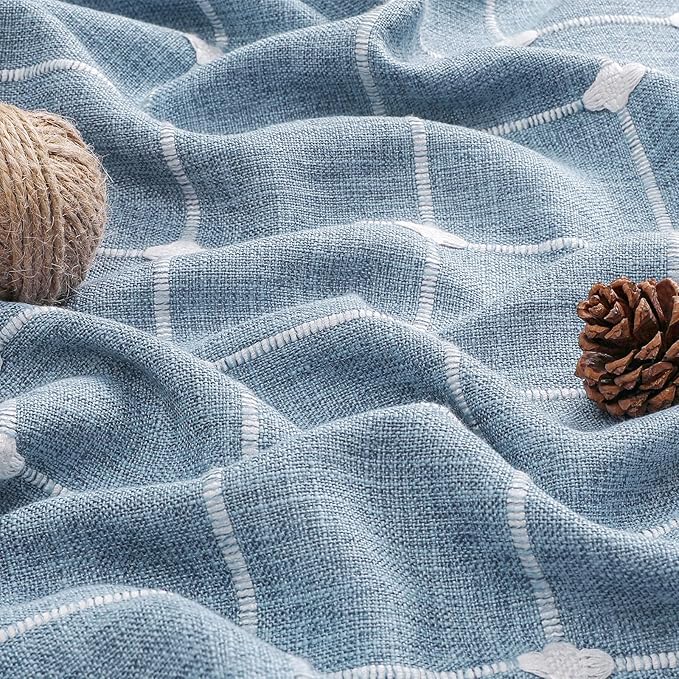 MitoVilla Blue Boho Extra Long Shower Curtain 72 x 84, Modern Farmhouse 84 inch XL Polyester Linen Texture Tassel Fabric Shower Curtain Set with Hooks for Cottagecore Country Bathroom Decor