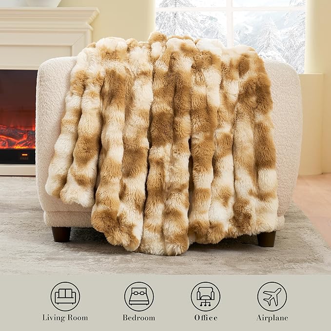 Amélie Home Faux Fur Throw Blanket, Ultra Soft Fuzzy Plush Bubble Blanket for Couch, Bed & Living Room, 60"x80", Tie-dye Kahki