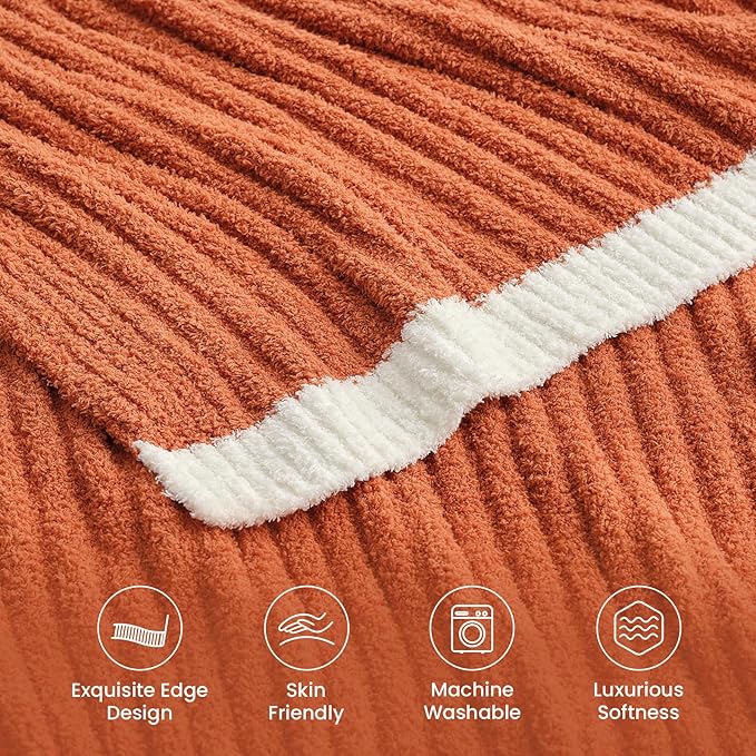 Snuggle Sac Ribbed Burnt Orange Fall Throw Blanket for Couch, Fuzzy Microfiber Knit Blankets for Couch, Sofa, Travel, Burnt Orange, 50x60 inches