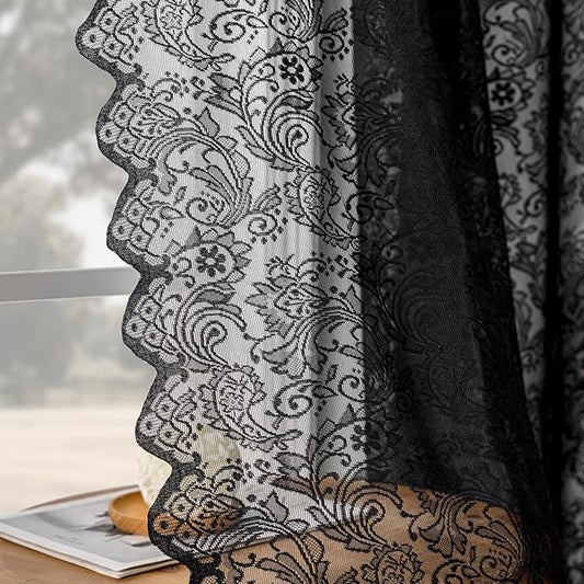 Black Lace Semi-Sheer Curtains 2 Panels – Vintage Floral Lace Halloween Curtains Gothic Privacy Light Filtering Rod Pocket Window Drapes for Bedroom Living Room, 52W x 45L Inch