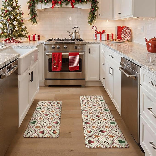 GENIMO Christmas Decorations - Kitchen Mats for Floor, 2PCS Christmas Kitchen Rugs, Cushioned Anti Fatigue Mat for Home Decor, Waterproof Non Slip Standing Mat for Laundry, 17.3"x47"+17.3"x30", Red
