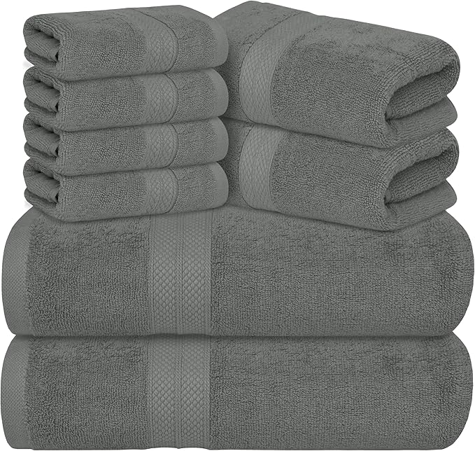 Avalon Towels Luxury 8 Piece Grey Towels Set, 2 Bath Towels, 2 Hand Towels and 4 Washcloths, 600 GSM 100% Ring Spun Cotton Highly Absorbent Grey Bathroom Towels, Ideal for Hotel, Spa and Gym