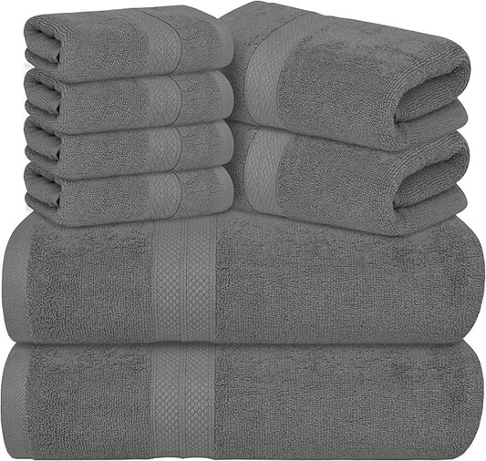 Avalon Towels Luxury 8 Piece Grey Towels Set, 2 Bath Towels, 2 Hand Towels and 4 Washcloths, 600 GSM 100% Ring Spun Cotton Highly Absorbent Grey Bathroom Towels, Ideal for Hotel, Spa and Gym
