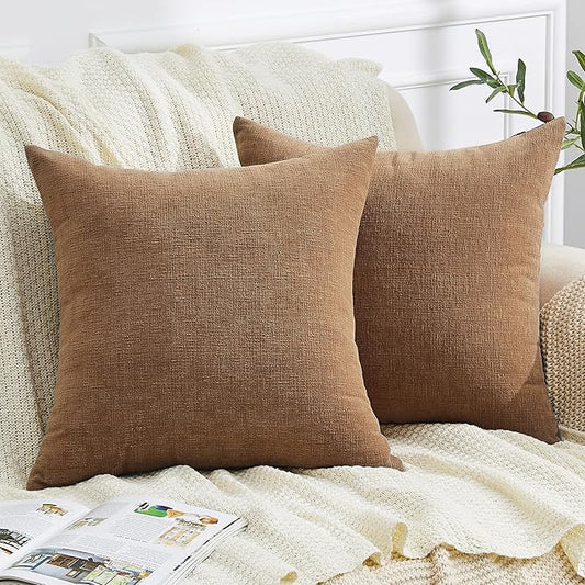 GAWAMAY Decorative Chenille Throw Pillow Covers 24x24 Inch Pack of 2, Soft Square Couch Pillow Cover for Sofa Cushion Living Room Bedroom Solid Dyed Pillowcases Brown 60x60cm (ONLY Covers)