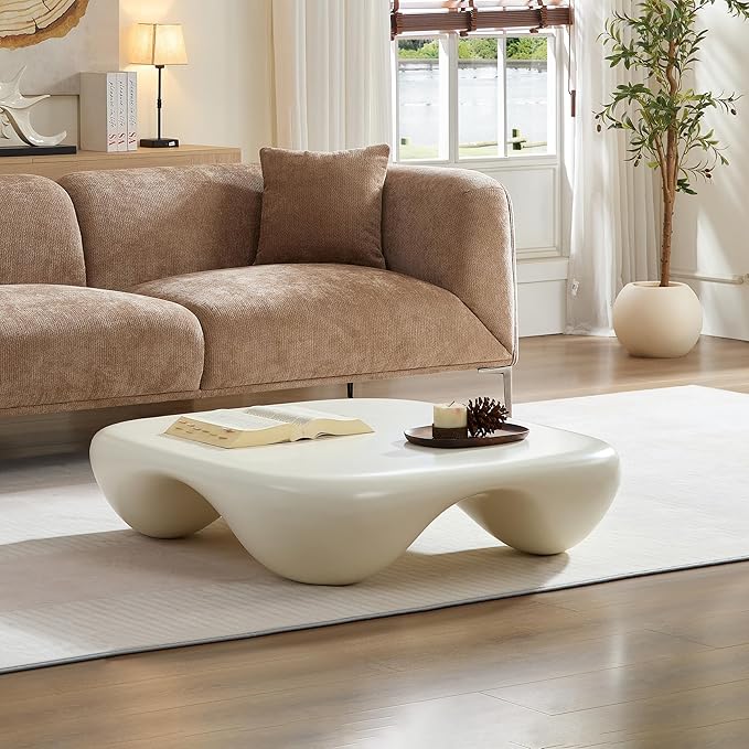 40" Cloud Modern Coffee Table with Curved Design, Fiberglass Minimalist Center Table, Contemporary Stone Accent Table for Living Room, Apartment, No Need Assembly