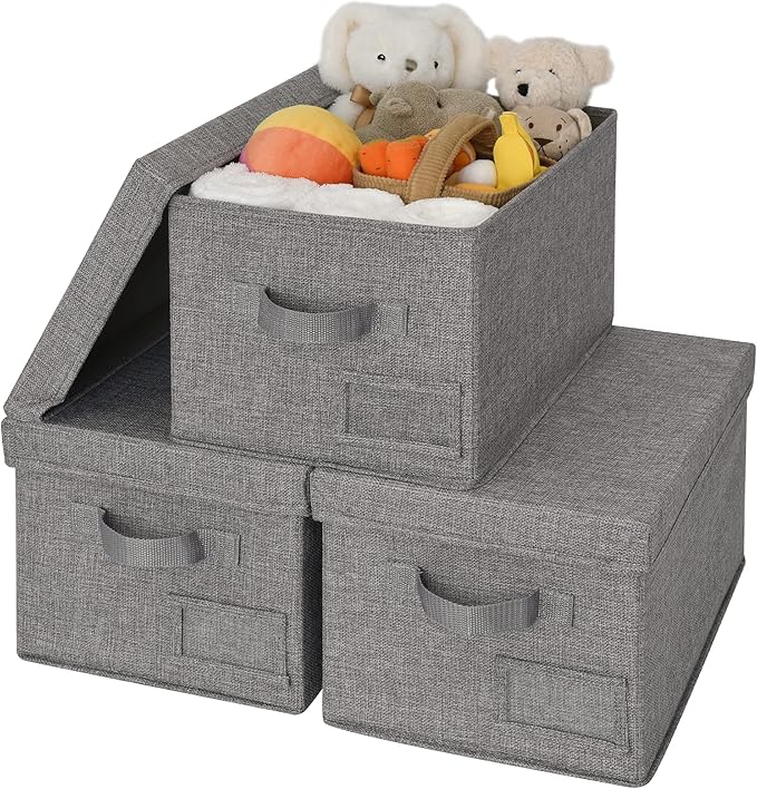 GRANNY SAYS Fabric Bins with Lids, Storage Baskets for Closet Organization, Decorative Storage Containers with Label Holder, Shelf Bins for Organizing Clothes, Dark Gray, 3-Pack