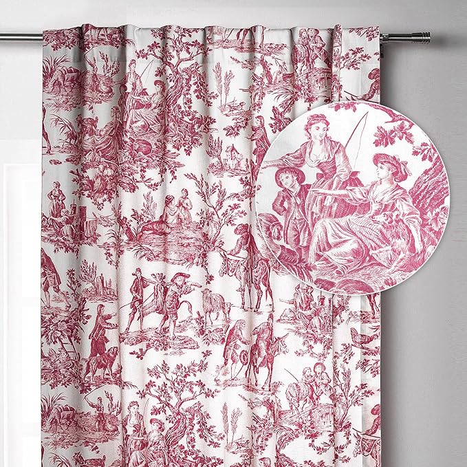 Maison d' Hermine Curtains for Living Room 100% Cotton 84 inch Length One Panel Light Filtering Toile Curtains for Bedroom with Rod and Loop Pockets (The Miller Red (White Background), 50" W x 84" L)
