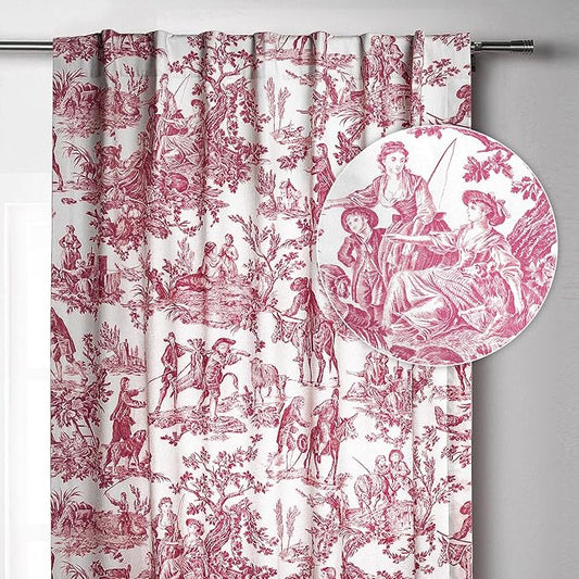 Maison d' Hermine Curtains for Living Room 100% Cotton 84 inch Length One Panel Light Filtering Toile Curtains for Bedroom with Rod and Loop Pockets (The Miller Red (White Background), 50" W x 84" L)
