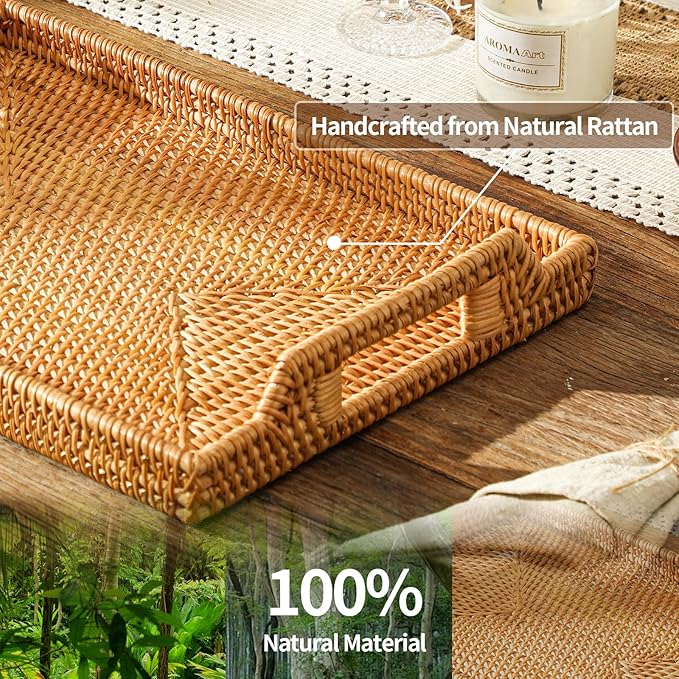 17'' Rattan Serving Tray Rectangle with Handles, Vintage Wicker Table Tray for Decor, Boho Hand Woven Seagrass Coffee Table Basket Tray for Ottoman, Breakfast, Bathroom, Outdoor