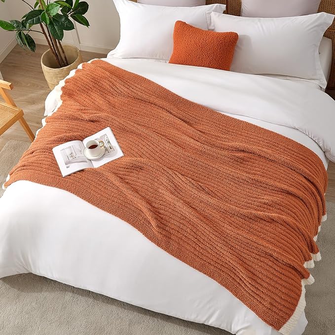 Snuggle Sac Ribbed Burnt Orange Fall Throw Blanket for Couch, Fuzzy Microfiber Knit Blankets for Couch, Sofa, Travel, Burnt Orange, 50x60 inches