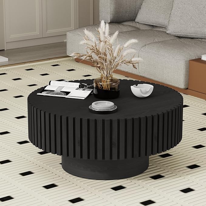 Modern Wood Round Coffee Table - Handcraft Drum Coffee Tables with Sturdy Base, Easy Assembly, Contemporary Style Small Coffee Table Tea Table for Living Room, Bedroom, Office (Black Round)