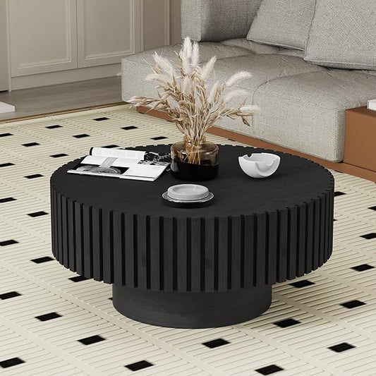 Modern Wood Round Coffee Table - Handcraft Drum Coffee Tables with Sturdy Base, Easy Assembly, Contemporary Style Small Coffee Table Tea Table for Living Room, Bedroom, Office (Black Round)