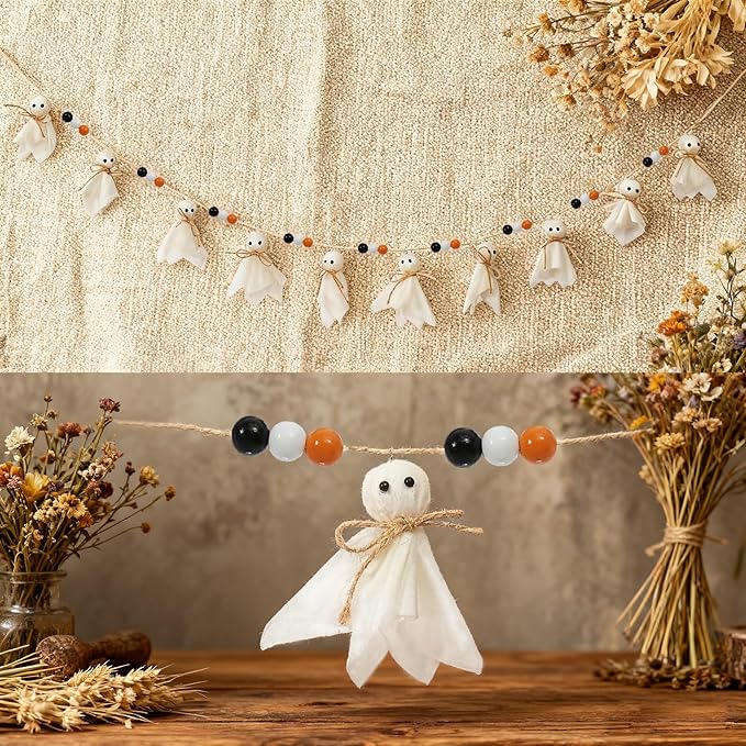7Ft Halloween Decor Ghost Garland with Wooden Beads - Adjustable Hanging Cute Vintage Banner for Indoor Outdoor Wall Home Fireplace Mantel Spooky Party Decorations