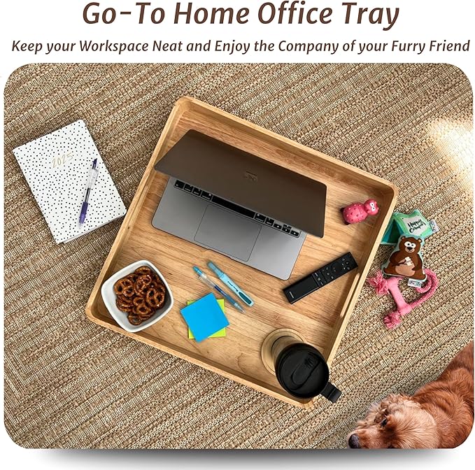 Wooden Ottoman Tray for Living Room – Large 19" Square Serving Tray with Handles & 6 Coasters Set, Ideal for Coffee Table, Couch, Kitchen, Breakfast, Food, Drinks & Home Decor