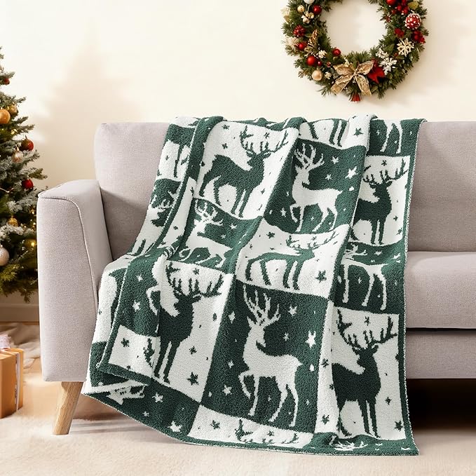 WRENSONGE Checkered Throw Blanket, Green Deer Pattern, Soft Cozy Fluffy Warm Hand Made Throw Blankets for Couch, Sofa, Chair, Bed, Camping, Picnic, Travel Lightweight Bed Blanket - 50"*60"