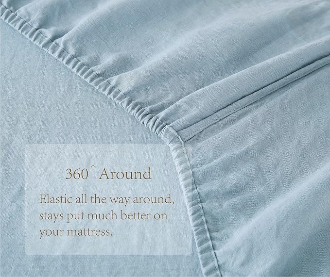 100% Linen Fitted Sheet Queen(1 Piece), 15 Inch Deep Pocket Mattress Cover French Flax Stone Washed Farmhouse Soft Breathable Bottom Sheets(Blue, Queen)