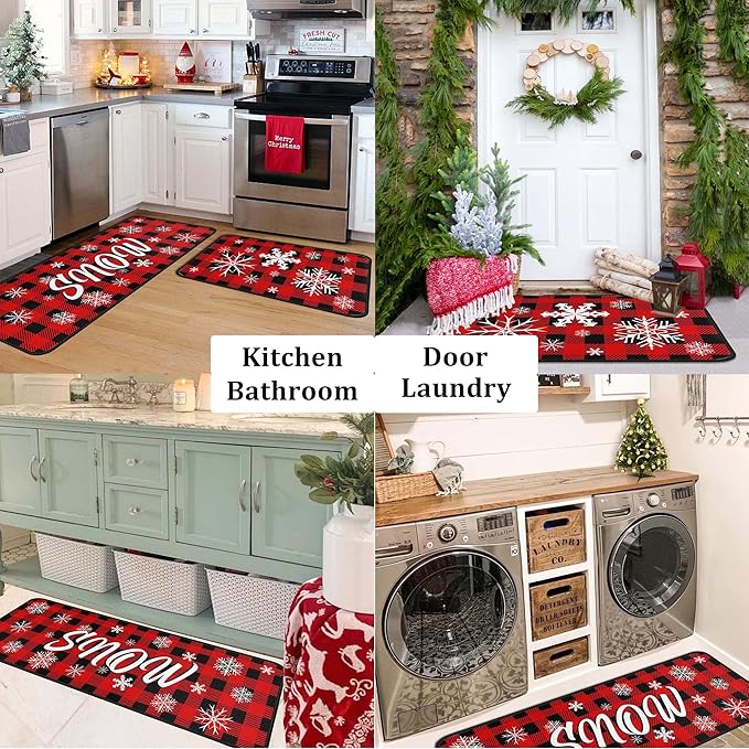 Buffalo Plaid Christmas Kitchen Rugs and Mats Set of 2 PCS, Xmas Snow Winter Holiday Party Low-Profile Floor Mat Merry Christmas Decorations for Home Kitchen - 17"x47"+17"x30"
