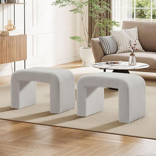 Tribesigns Vanity Stool Chair, Modern Boucle Ottoman Foot Rest for Couch, Large Foot Stool Ottoman, Extra Seating for Living Room, Arched Makeup Stool for Vanity, Fully Assembled, Light Gray, 2 Packs