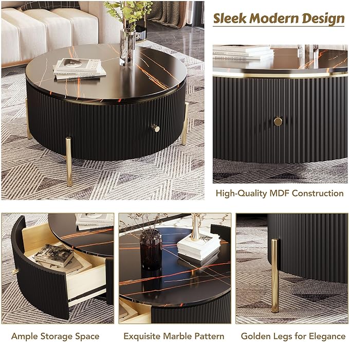 Modern Round Coffee Table with 2 Large Drawers Storage Accent Table(31.5'')