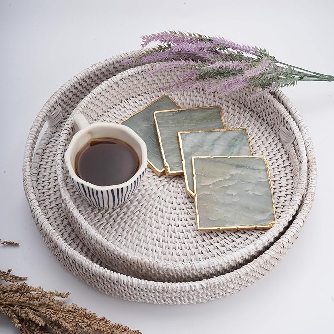 White Wash Round Rattan- Handmade Serving Tray-Decorative Woven Ottoman-Trays with Handles for Coffee Table Natural Basket Wave Tray (L- 13.7 Inch & M-11.8 Inch), Brown