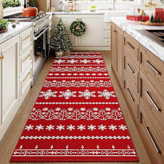 Christmas Runner Rug 3x10 Red Washable Carpet Xmas Snowflake Holiday Decor Kitchen Non Slip Soft Low Pile Long Carpet Indoor Throw Rug Laundry Room Living Room Bedroom Dining Room