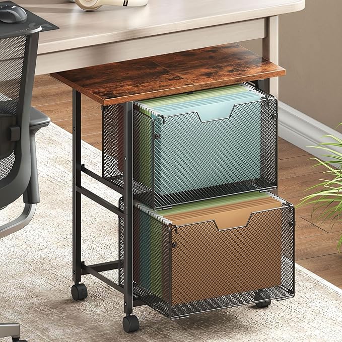 HOOBRO Rolling File Cart, 2 Drawer File Cabinet with 24'' Extended Desktop, Under Desk Mobile Small Filing Cabinet Storage Cart, Printer Stand Utility Cart, for Home Office, Rustic Brown BF41WJ01