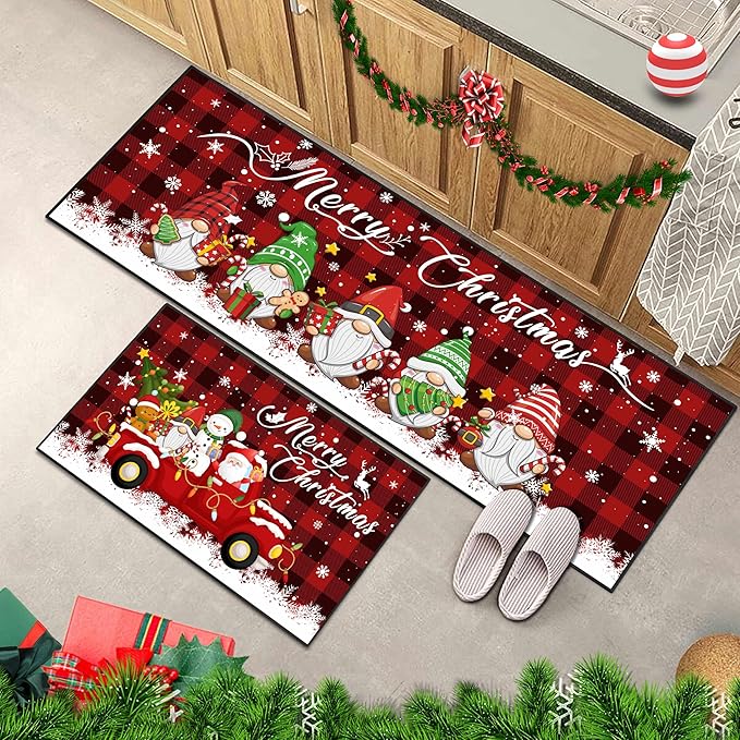 2 Piece Buffalo Plaid Christmas Gnome Themed Kitchen Rug Set, Soft and Absorbent Non-Slip Kitchen Floor Mats, Winter Merry Christmas Decor 17x30+17x47 Inches
