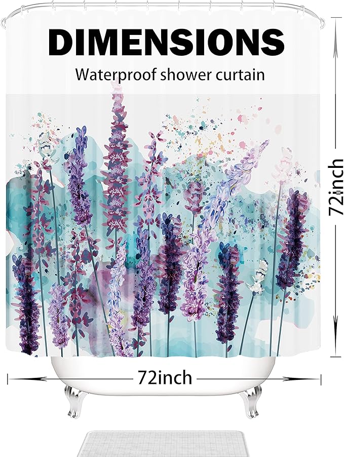 Domoku Lavender Shower Curtain Watercolor Floral Shower Curtain Spring Plant Home Bathroom Bathroom Curtains Set Waterproof Fabric with 12 Hooks (72 * 72inch/180cm*180cm)