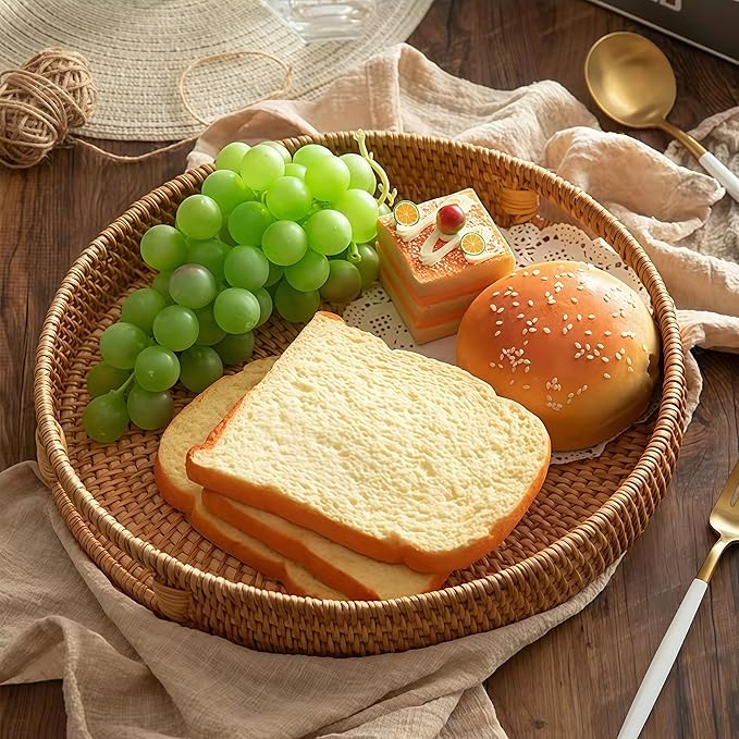 16.9" Round Rattan Tray, Hand Woven Serving Tray with Handles, Wicker Serving Basket, Decorative Tray for Home Decor, Natural