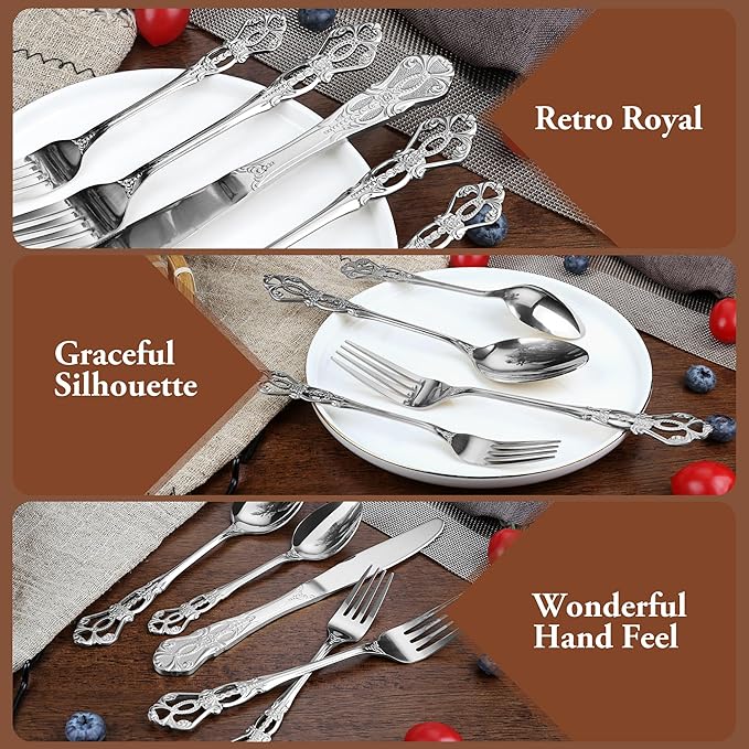 Silverware Set, 30 Pieces Retro Royal Silverware Set for 6, Anti-rust Stainless Steel Flatware Set Including Fork Spoon and Knife, Dishwasher Safe, Silver