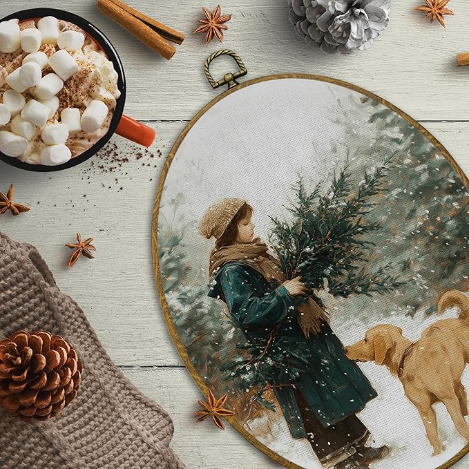 CUANFDDSF Rustic Winter Christmas Scene Oval Wall Art Decor, Winter Forest Girl and Lab Dog Wall Hanging Decor, Cozy Christmas Holiday Framed Canvas Prints for Home Bedroom Living Room, 8.6x11.4 Inch