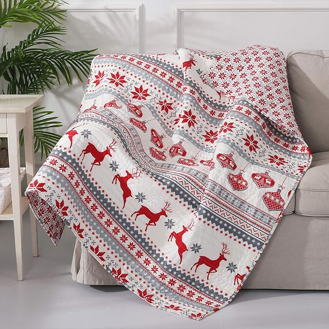 Levtex Home - Silent Night - Quilted Throw - 50x60in. - Fair Isle Deer - Red, Grey, White - Reversible - Cotton
