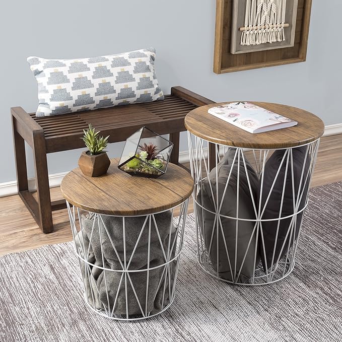 End Tables Set of 2 - Nesting Tables with Removable Wood Tops and Metal Wire Baskets for Blanket Storage - Round Side Furniture for Living Room, Bedroom, or Home Office by Lavish Home (Brown/White)