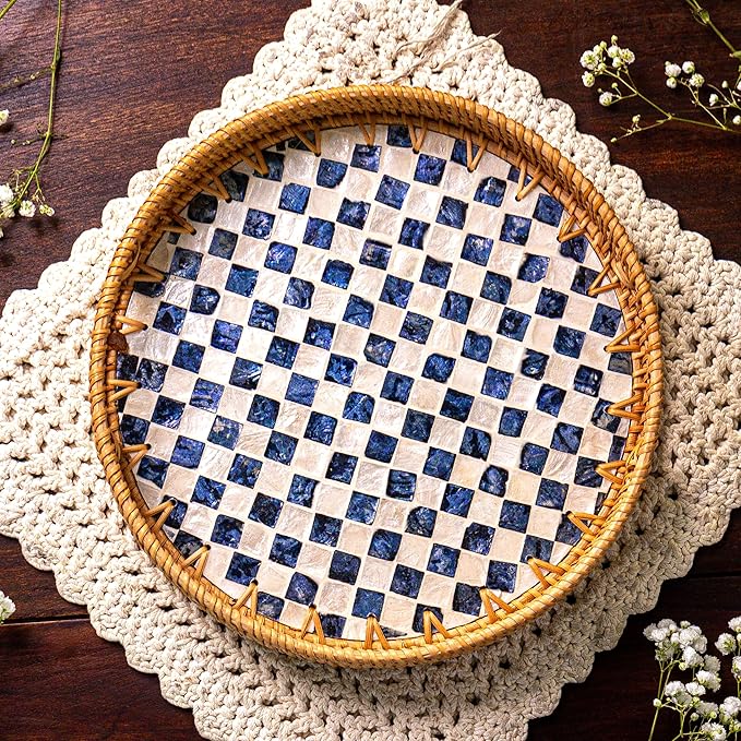 JUNGLE CULTURE Rattan Serving Tray 12" with Mother of Pearl Inlay • Coastal Boho Collection • Handcrafted Woven with Handles for Home • Round Dining Table Tray • Wicker Serving Basket – Drift