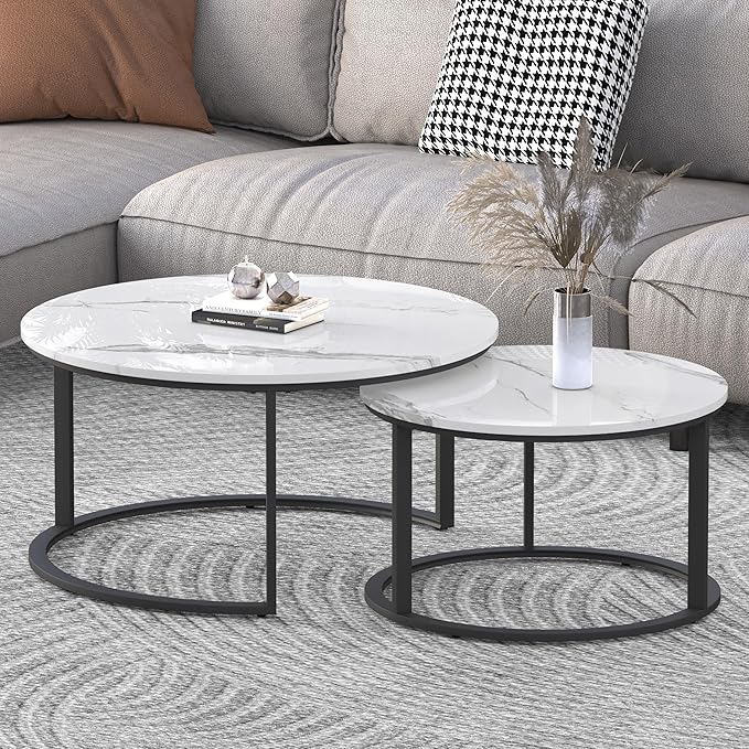 WiberWi Round Coffee Table Nesting Tables Set of 2, Large : Ø 33.5", Small : Ø 25.7", Modern Design Coffee Tables for Living Room, Metal Frame Circle Cocktail Table, High Glossy Faux White Marble