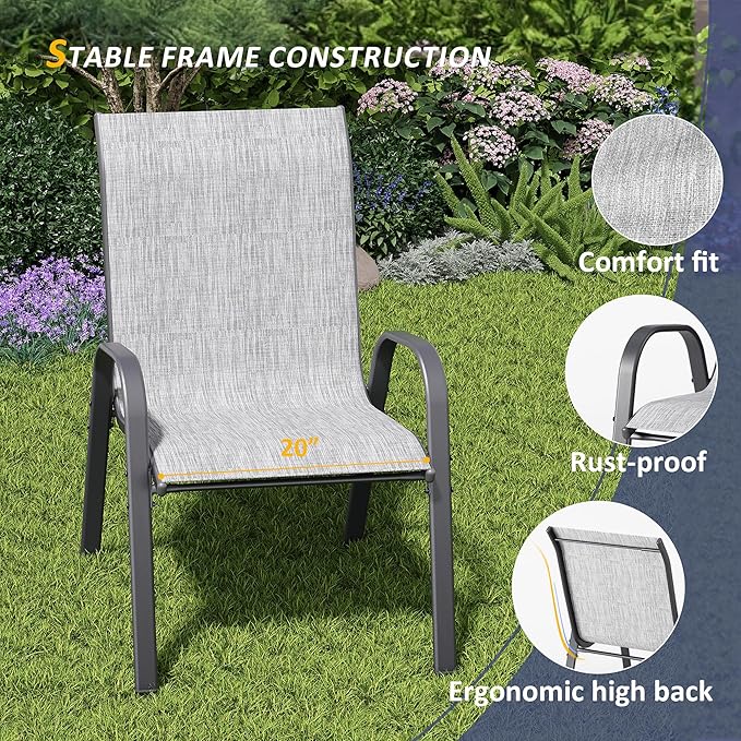 Amopatio 7 Pieces Patio Dining Set, Outdoor Table and Chairs, Square Metal Table with Umbrella Hole, 6 Stackable Chairs, Patio Furniture Sets for Deck, Backyard, Garden and Poolside,Light Grey