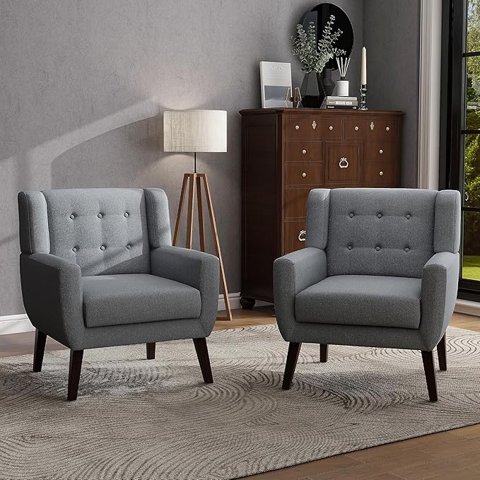 UIXE Accent Chair, Modern Upholstered Armchair in Fabric for Living Room, Comfy Club Arm Chairs Single Sofa Button Tufted Bedroom Reading Seat - Gray, Set of 2