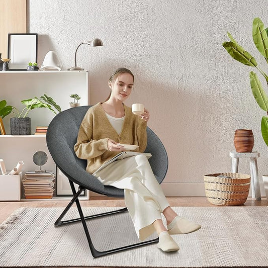 Saucer Chair, Faux Fur Circle Chair, Foldable Lounge Chair for Adults, Teens & Kids, Folding Moon/Mushroom/Round Style Comfy Accent Seat for Bedroom, Dorm & Gaming