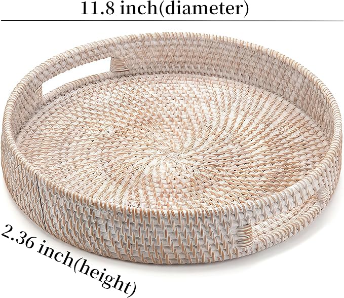 11.8" Round Rattan Tray, Hand Woven Serving Tray with Handles, Wicker Serving Basket, Decorative Tray for Home Decor, Whitewash