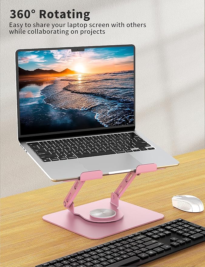 SOUNDANCE Laptop Stand with 360° Rotating Base, Ergonomic Computer Riser for Desk, Adjutable Height Muti-Angle, Foldable Laptop Mount, Stable Metal Holder Support 10-15.6" Notebook PC, Pink