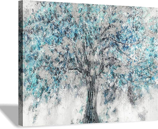 Abstract Tree Canvas Wall Art: Blue Painting Graphic Art Picture Print on Canvas Small Size without Embellishment for Dining Room (12"x16"x 1 Panel)
