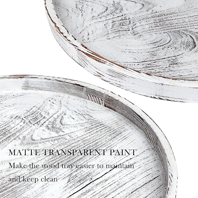 Extra Large Round Ottoman Table Tray Round-24 - Rustic Wooden Serving Tray for Farmhouse Decorative Oversized Coffee Table Trays Living Room Kitchen Counter Breakfast Whitewash