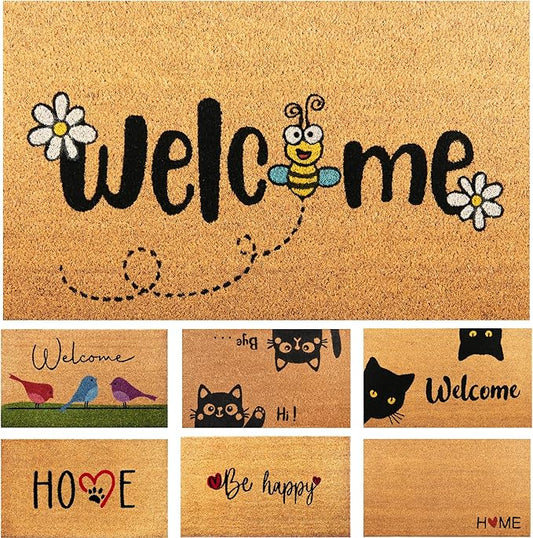 Bee - 17"x29" - Coir Door Mat with Heavy Duty Backing - Welcome Mats for Entryway, Porch - Anti-Slip PVC & Coconut Fiber Surface - Natural Home Accessories, Minimalist Original Design
