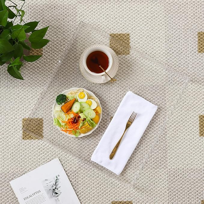 Large Clear Acrylic Serving Tray with Handles-19x19x2H Inch Big Size Spill Proof Tray for Ottoman,Coffee Table, Breakfast, Tea, Food, Butler -Safe Edge Organizer- Decorative