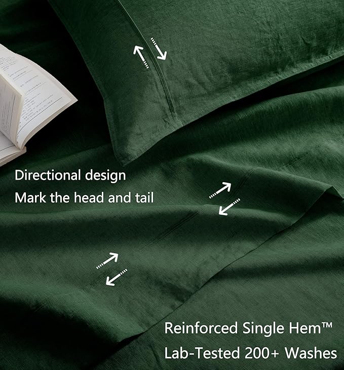 Talasily 100% French Pure Linen Sheets Set Queen Size,Oeko-TEX Certified Bedding, All-Season Breathable for Hot Sleepers,16 Inch Deep Pocket Machine Washable 4-Piece (Forest Green)