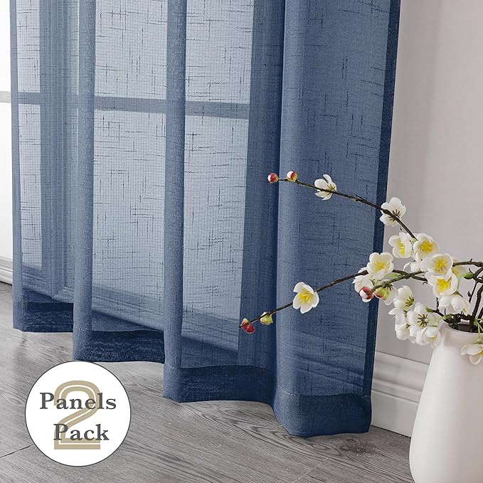 Aiyueng Kirei 2 PCS Faux Linen Navy Blue Kitchen Sheer Curtains 36 inch Length, Soft Lightweight Textured Short Cafe Curtains for Farmhouse Bathroom Bedroom Small Windows, Each 30Wx36L inch, Navy