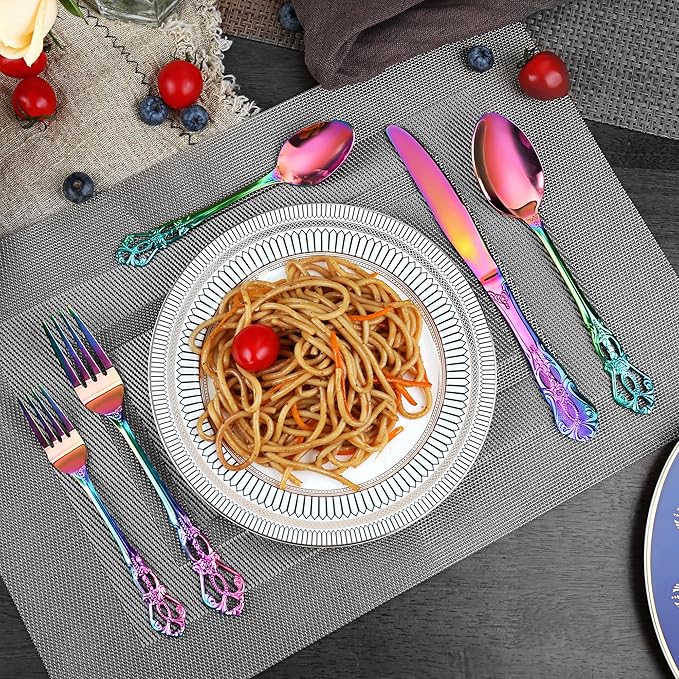 Silverware Set, 30 Pieces Retro Royal Silverware Set for 6, Anti-rust Stainless Steel Flatware Set Including Fork Spoon and Knife, Dishwasher Safe, Rainbow